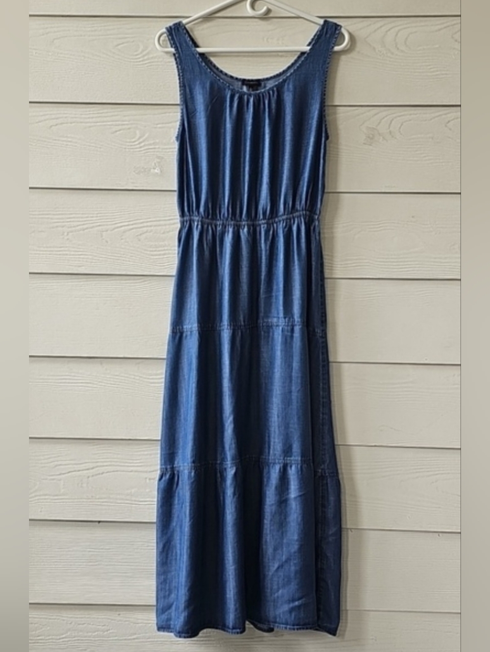 Talbots Sleeveless Chambray Tiered Maxi Dress Blue Denim Size 6